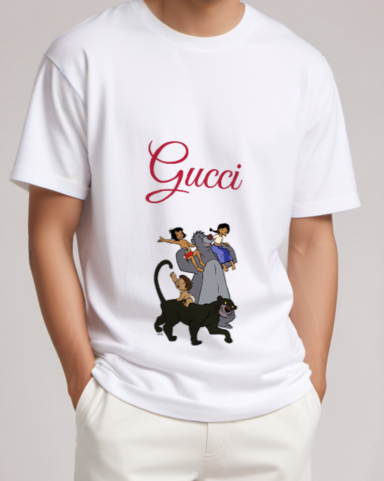 White Mowgli On Panther Others Atop Bear Graphic T-Shirt - model wearing view
