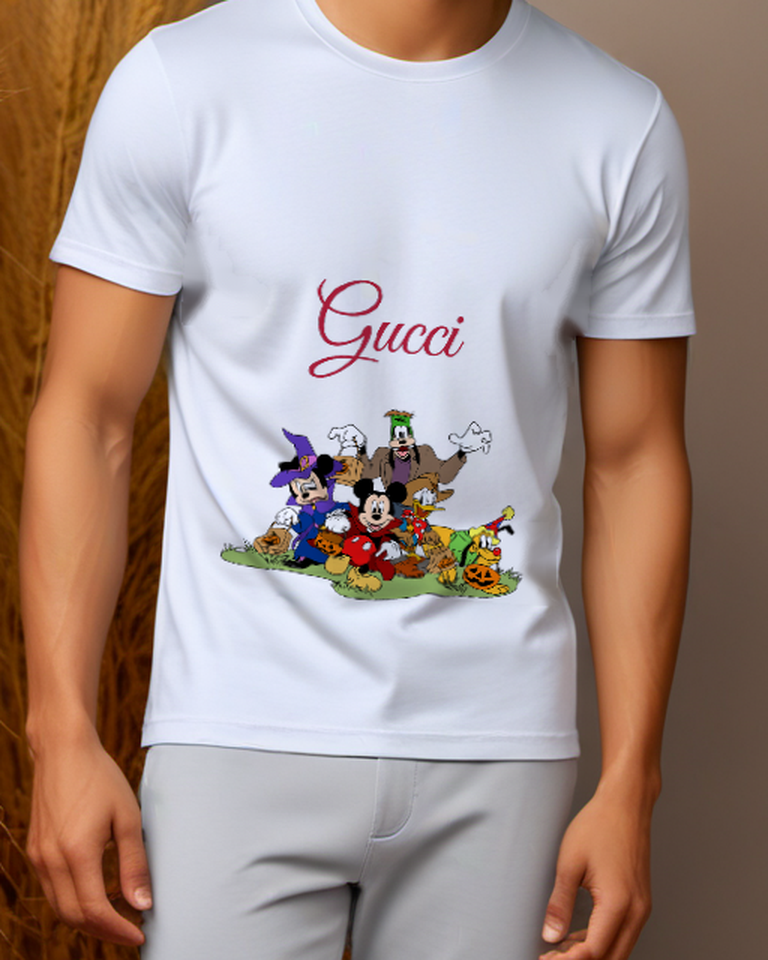 White Mickey And Minnie In Halloween Costumes Graphic T-Shirt - model wearing view