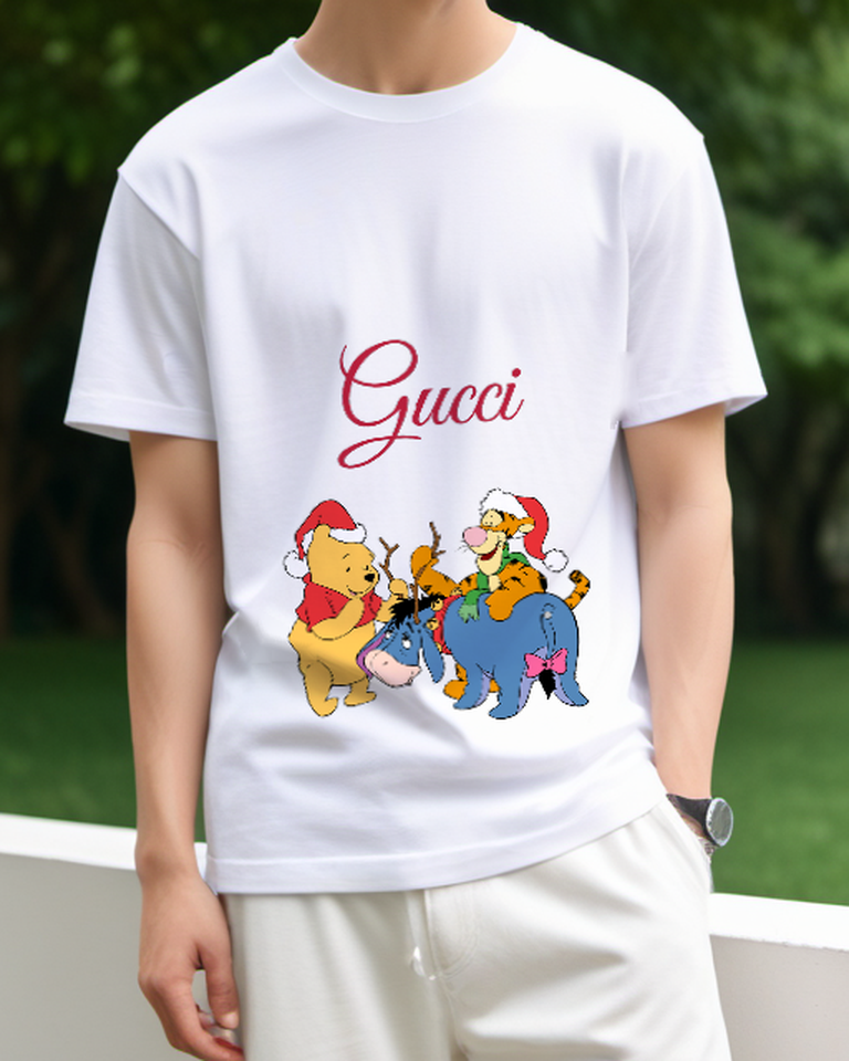 White Pooh Tigger And Eeyore In Festive Scene Graphic T-Shirt - model wearing view