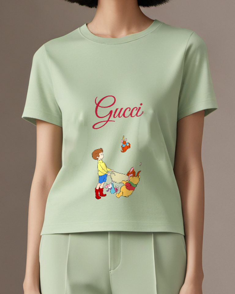 Sage Green Pooh Piglet Roo Kanga In Playful Scene Graphic T-Shirt - model wearing view