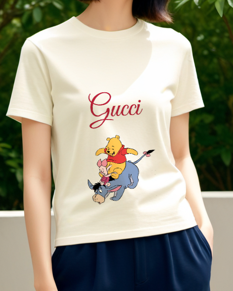 Ivory Pooh Piglet Eeyore On Horseback Graphic T-Shirt - model wearing view