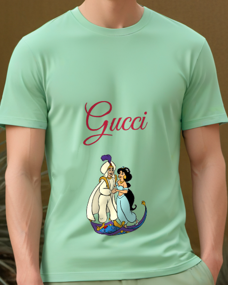 Sage Green Aladdin And Jasmine On Magic Carpet Graphic T-Shirt - model wearing view