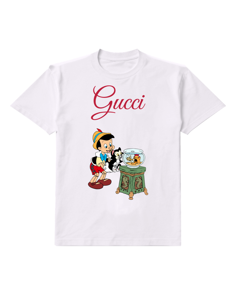 White Pinocchio Holds Cat Near Fishbowl Graphic T-Shirt - front product view