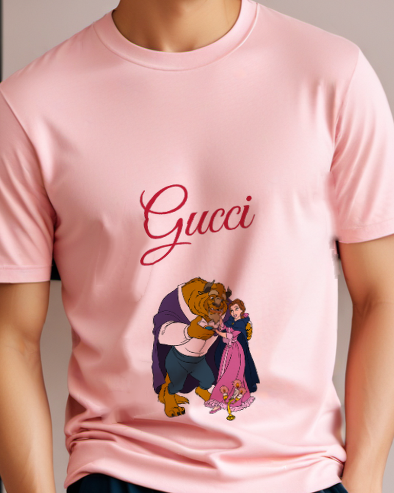 Blush Pink Belle And Beast Dancing Together Crew Neck Graphic T-Shirt - model wearing view