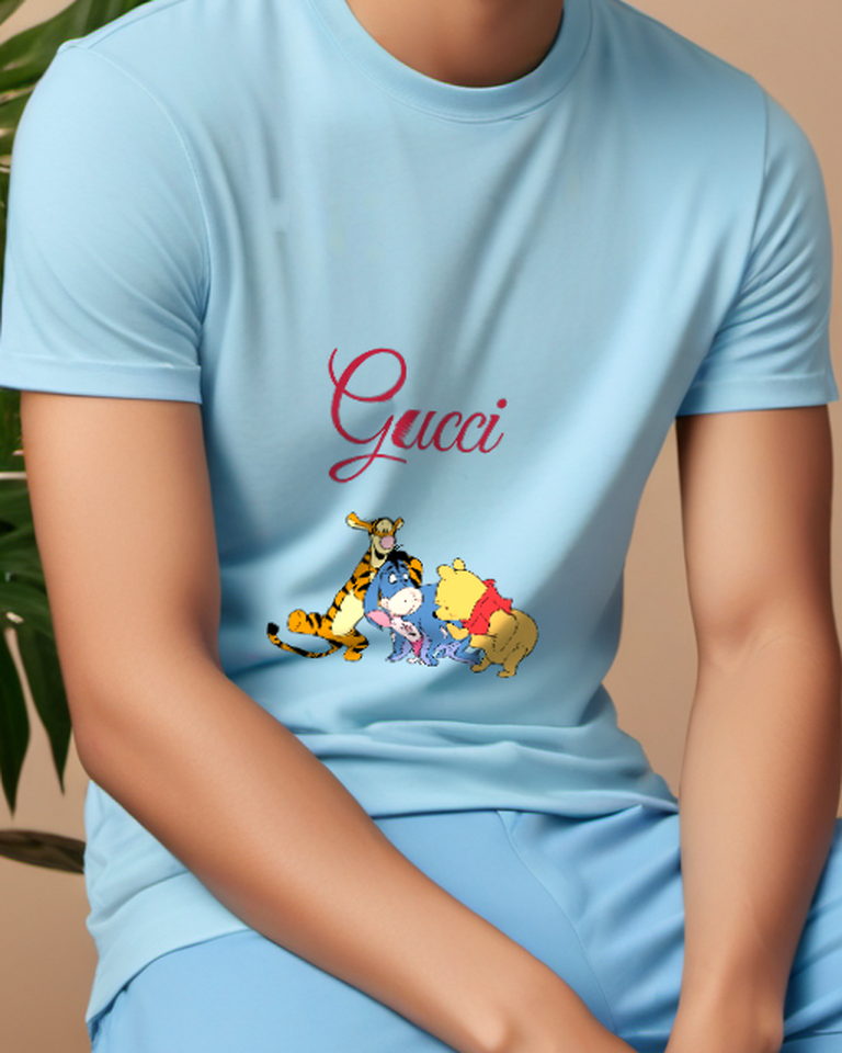 Sky Blue Tiger Eeyore Piglet Pooh Group Graphic T-Shirt - model wearing view