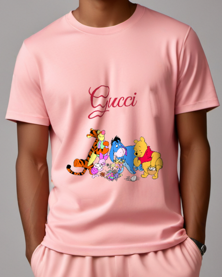 Blush Pink Winnie The Pooh Holding Colorful Easter Egg Graphic T-Shirt - model wearing view