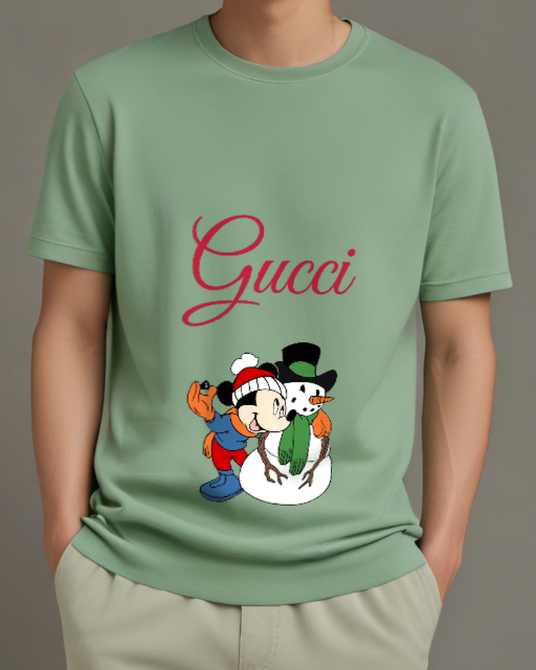 Sage Green Mouse Holiday Snowman Graphic T-Shirt - model wearing view