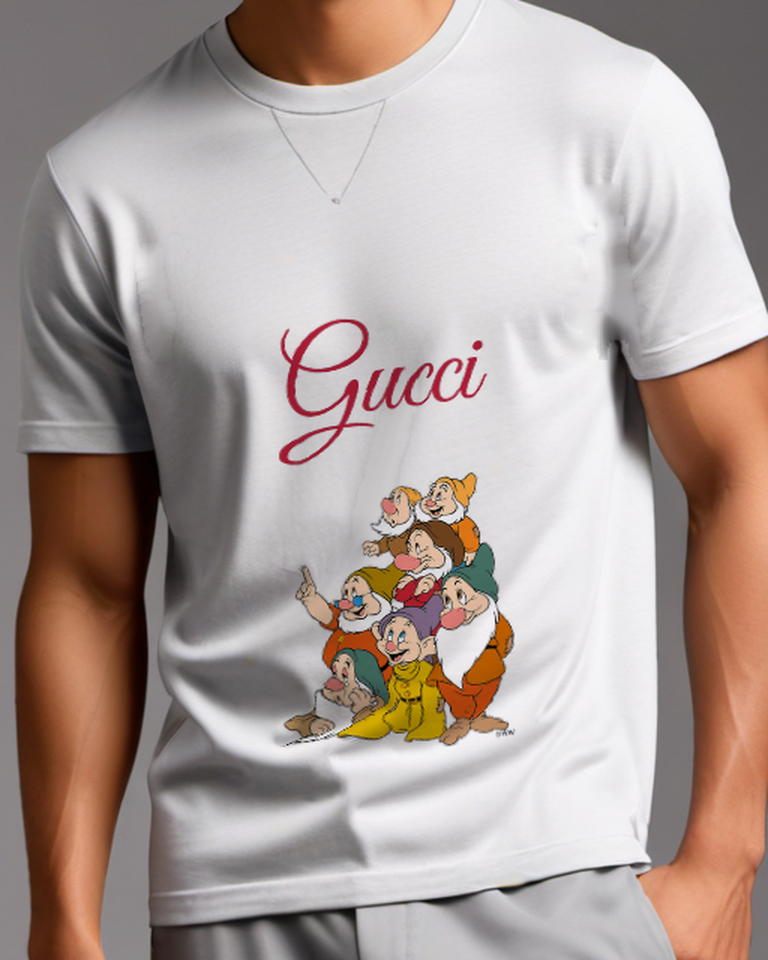 White Seven Dwarfs In Group Pose Graphic T-Shirt - model wearing view