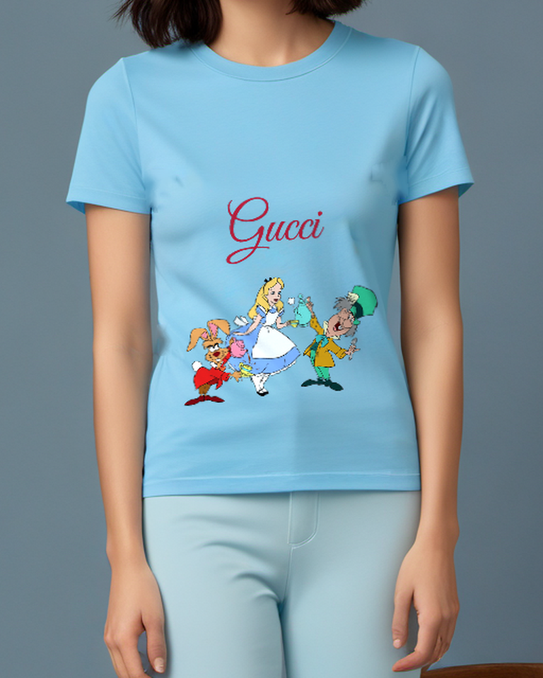 Sky Blue March Hare Pours Tea From Teapot Graphic T-Shirt - model wearing view