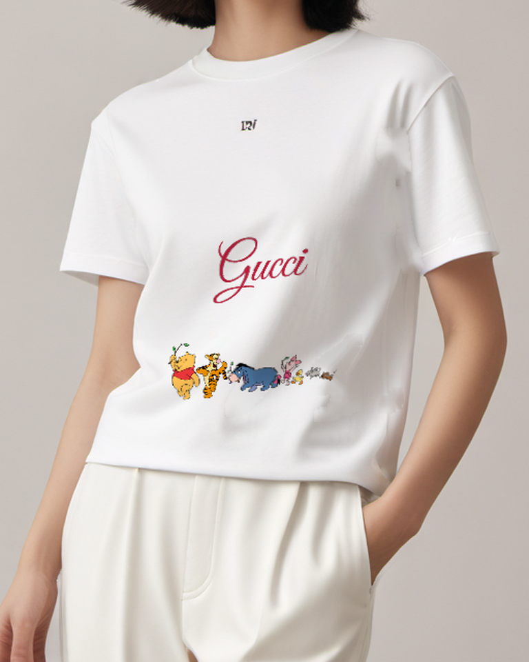 White Winnie The Pooh Holding Leaf Branch Graphic T-Shirt - model wearing view