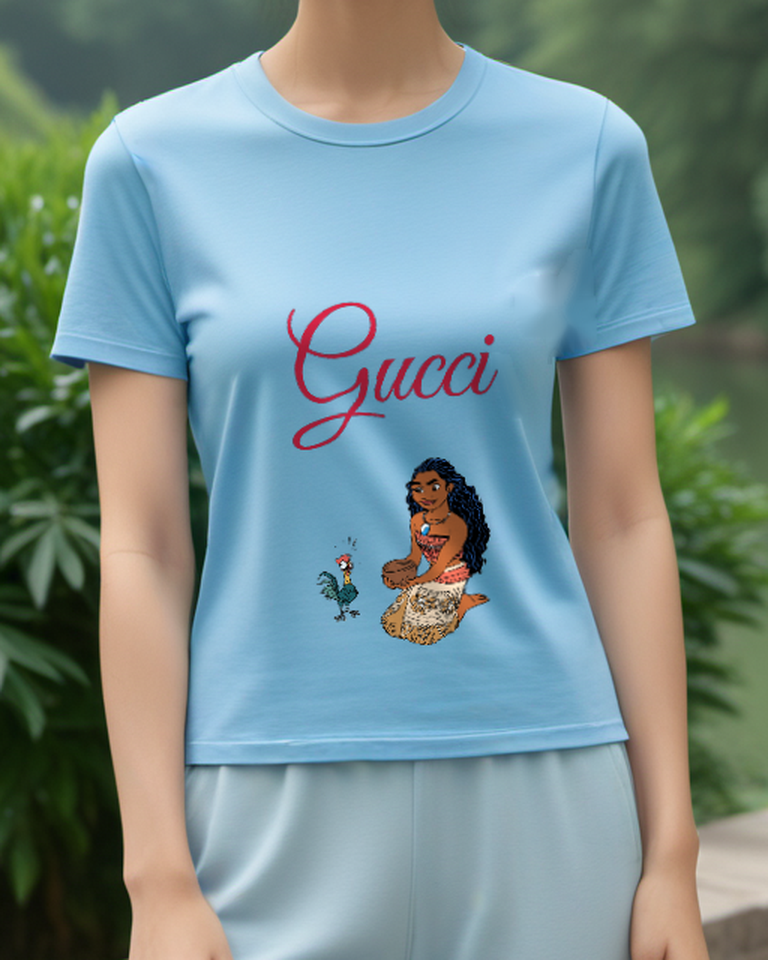 Sky Blue Seated Island Woman Rooster Graphic T-Shirt - model wearing view
