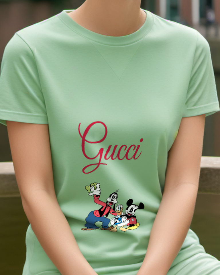 Sage Green Goofy Donald And Mickey In Dynamic Poses Graphic T-Shirt - model wearing view