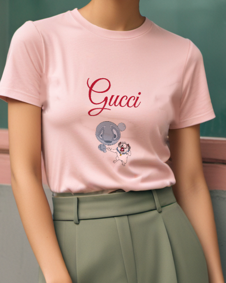 Blush Pink Small Creature Blue Thought Bubble Graphic T-Shirt - model wearing view