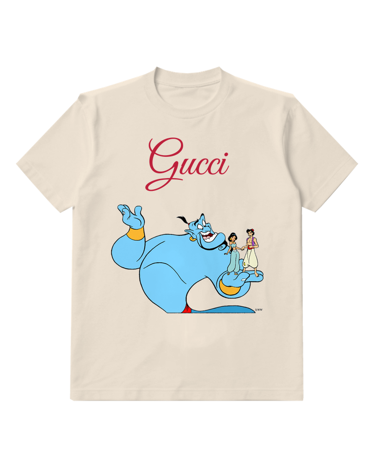 Ivory Blue Genie Waving Hand Smiling Face Graphic T-Shirt - front product view