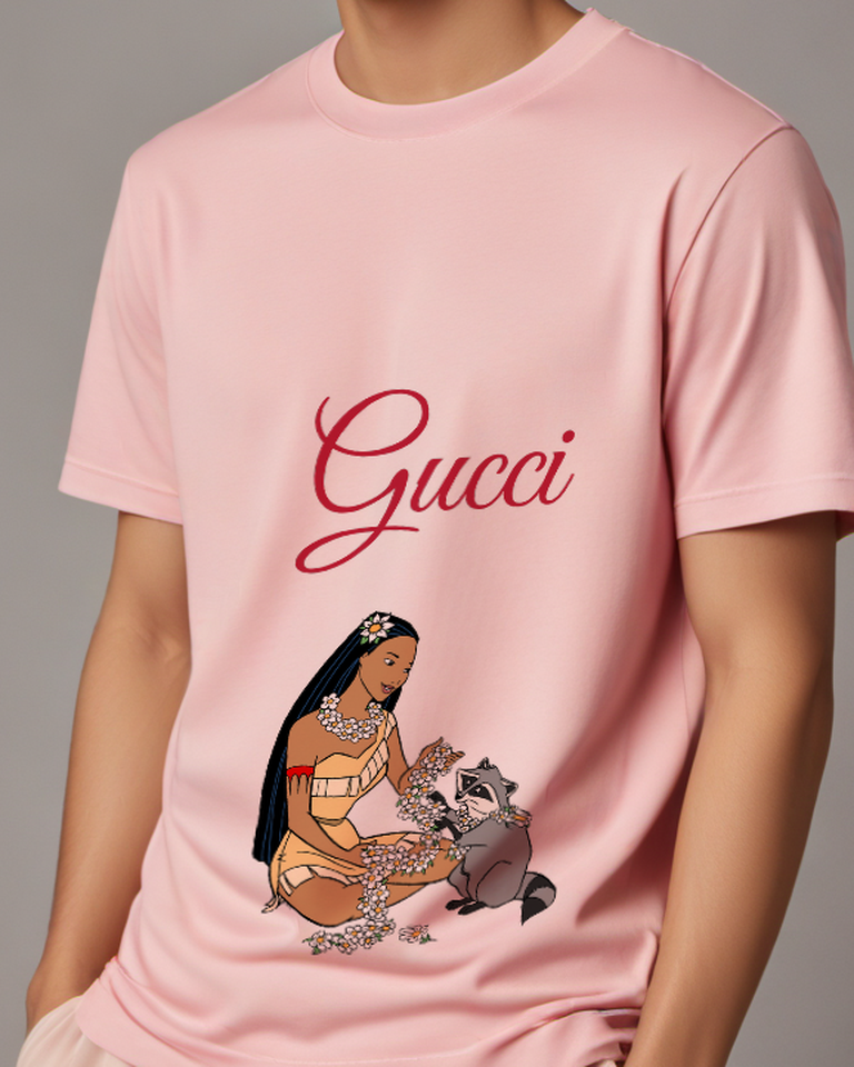 Blush Pink Pocahontas Sits With Raccoon Flowers Graphic T-Shirt - model wearing view