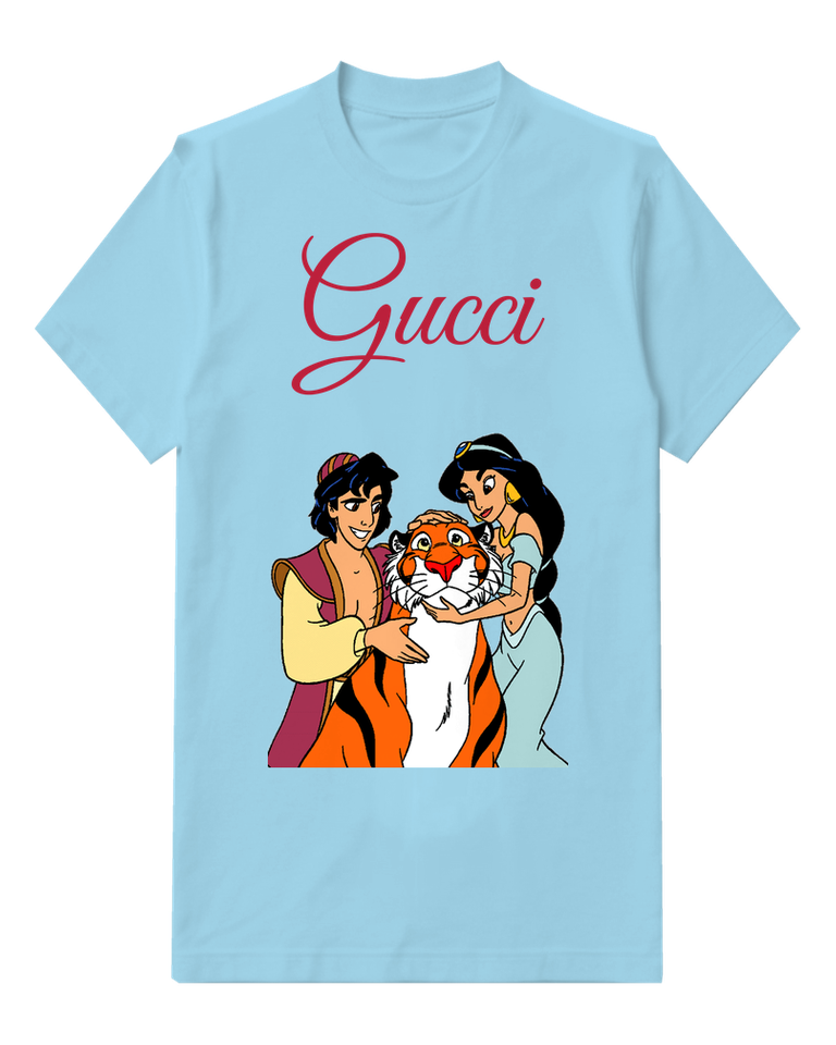 Sky Blue Aladdin Jasmine And Tiger In Affectionate Pose Graphic T-Shirt - front product view