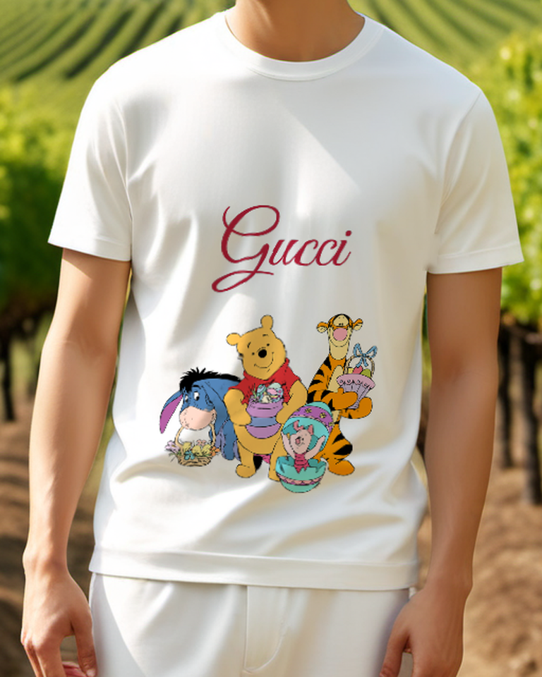 Light Gray Winnie The Pooh Holds Easter Basket Graphic T-Shirt - model wearing view