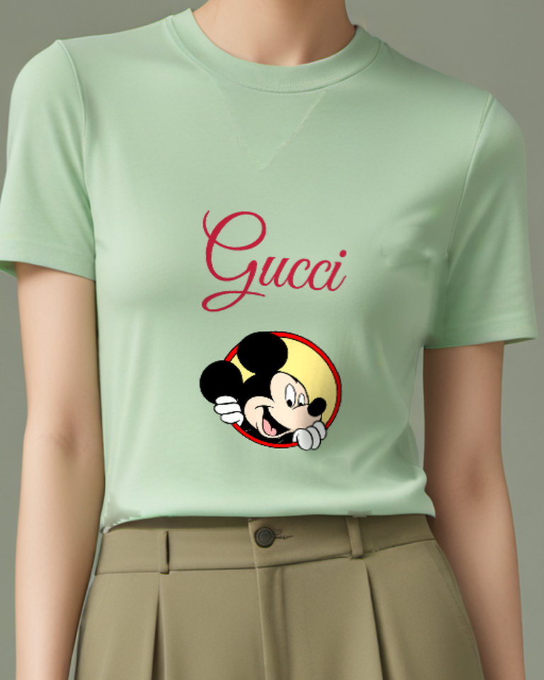 Sage Green Mouse Yellow Circle Peek Graphic T-Shirt - model wearing view