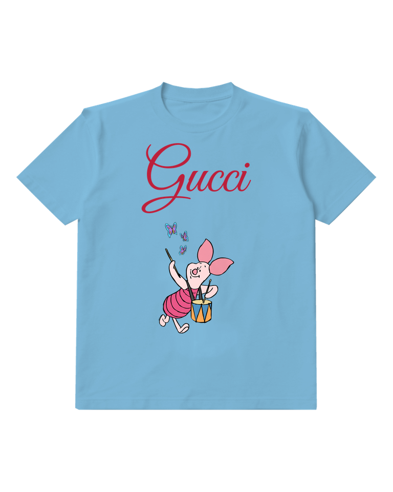 Dusty Blue Piglet Tiny Bucket Hearts Graphic T-Shirt - front product view