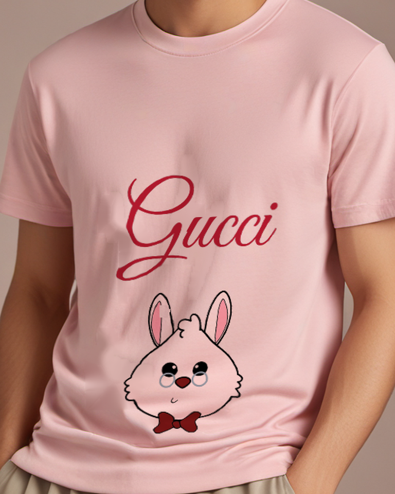 Blush Pink White Rabbit Red Bow Portrait Graphic T-Shirt - model wearing view