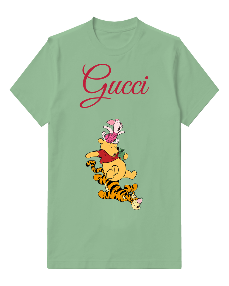 Sage Green Pooh Piglet Tigger Stacked Vertically Graphic T-Shirt - front product view