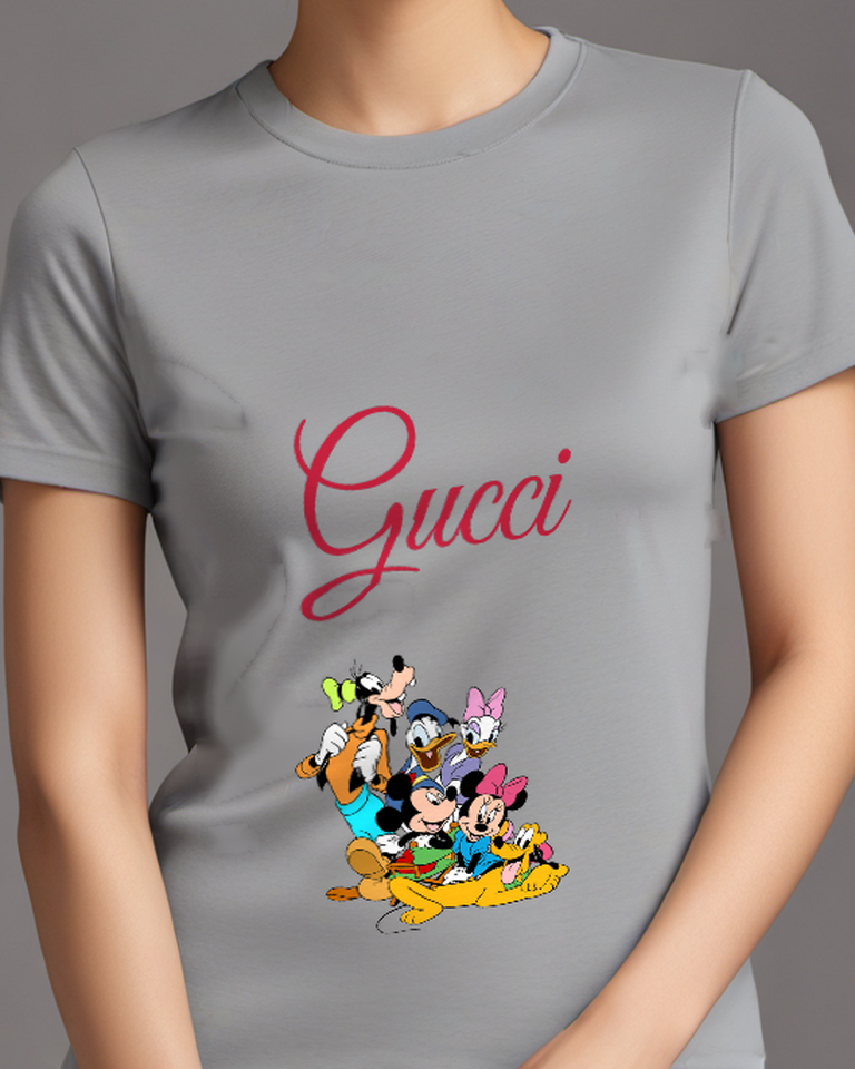 Gray Mickey And Minnie With Ducks And Goofy Graphic T-Shirt - model wearing view