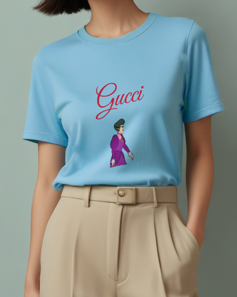 Sky Blue Woman Purple Tailored Outfit Graphic T-Shirt - model wearing view