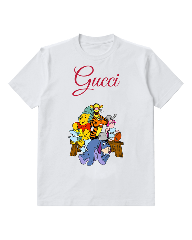White Pooh Tigger Piglet Eeyore On Bench Graphic T-Shirt - front product view