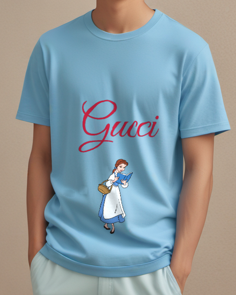 Dusty Blue Blue Dressed Woman Small Basket Graphic T-Shirt - model wearing view