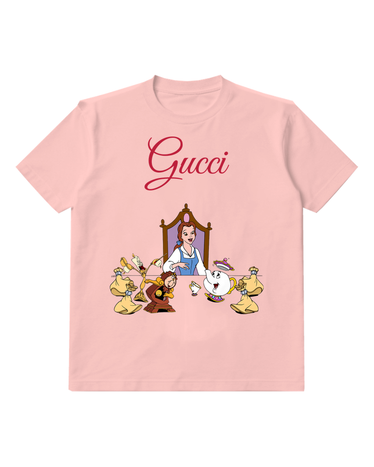 Blush Pink Belle Seated At Table With Tea Set Graphic T-Shirt - front product view