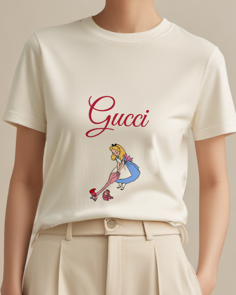 Ivory Blue Girl Bending Toward Red Creature Graphic T-Shirt - model wearing view