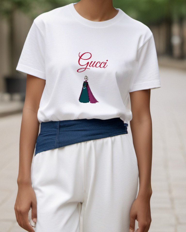 White Pale Haired Queen Burgundy Cape Graphic T-Shirt - model wearing view