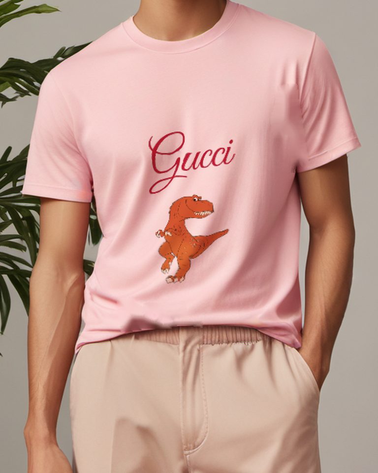Blush Pink Orange Dinosaur Sideways Stride Graphic T-Shirt - model wearing view