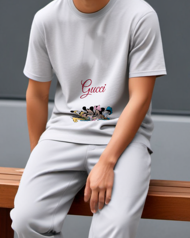 Light Gray Mickey Minnie Pluto In Playful Group Graphic T-Shirt - model wearing view