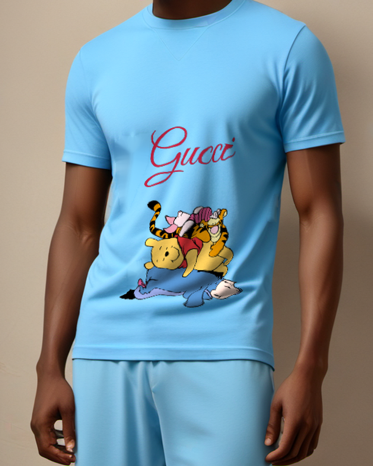Sky Blue Pooh Piglet Tigger Eeyore Stacked Crew Neck Graphic T-Shirt - model wearing view