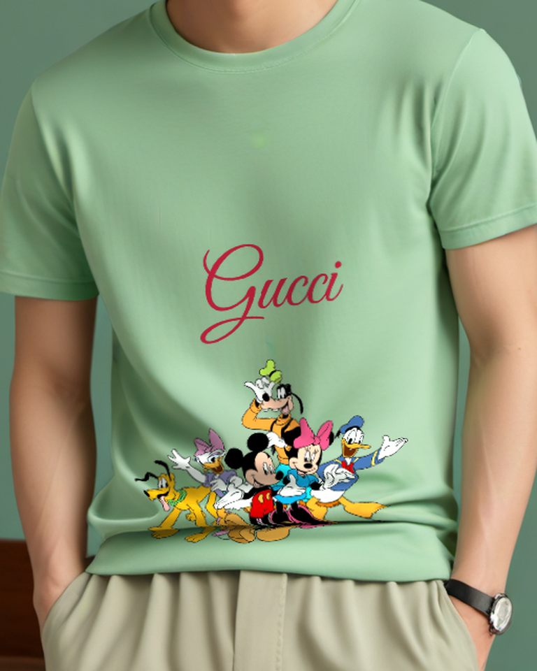 Sage Green Mickey Mouse Waving With Friends Graphic T-Shirt - model wearing view