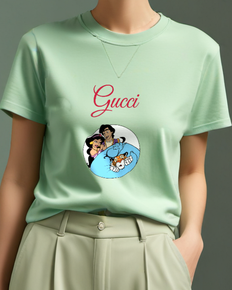 Sage Green Aladdin Jasmine Genie Rajah In Circle Graphic T-Shirt - model wearing view