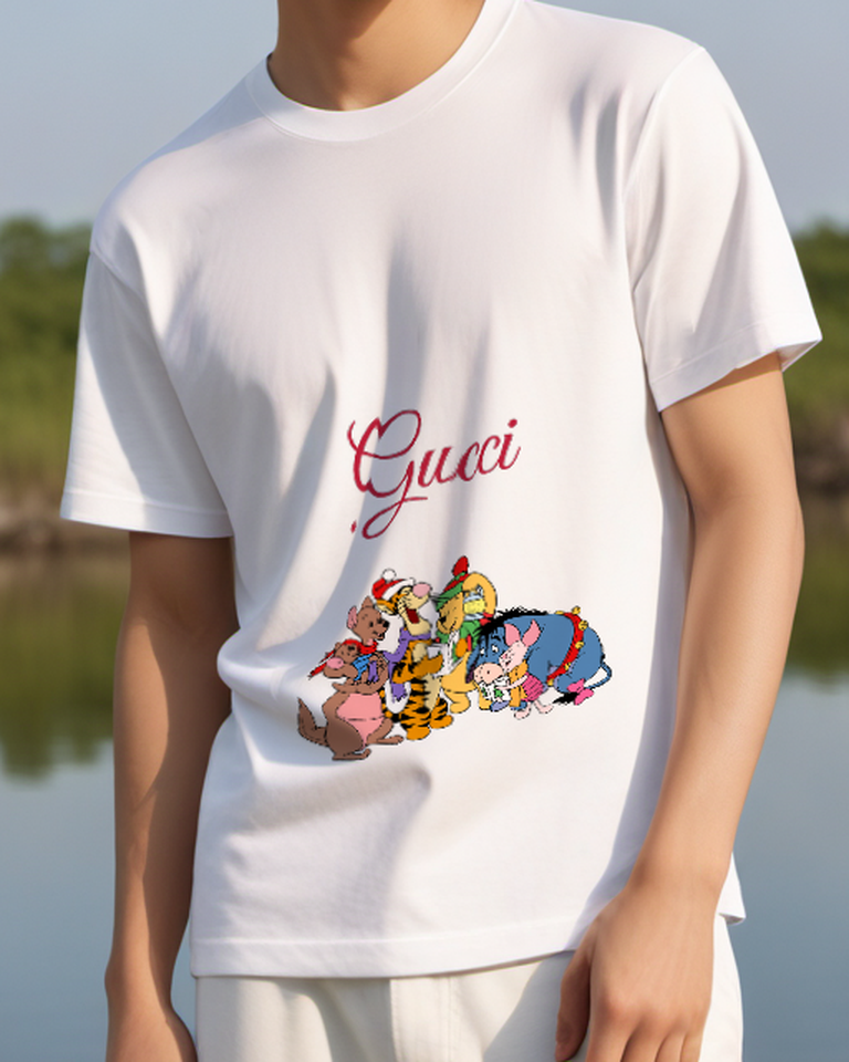 White Winnie The Pooh And Friends Singing Christmas Carols Graphic T-Shirt - model wearing view