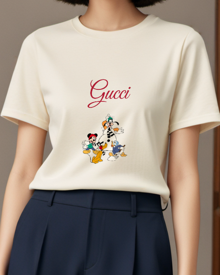 Ivory Mickey Goofy Pluto Donald In Snow Scene Graphic T-Shirt - model wearing view