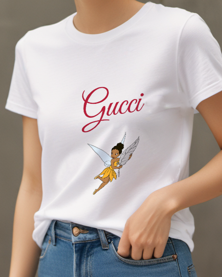 White Yellow Fairy Extended Leg Graphic T-Shirt - model wearing view