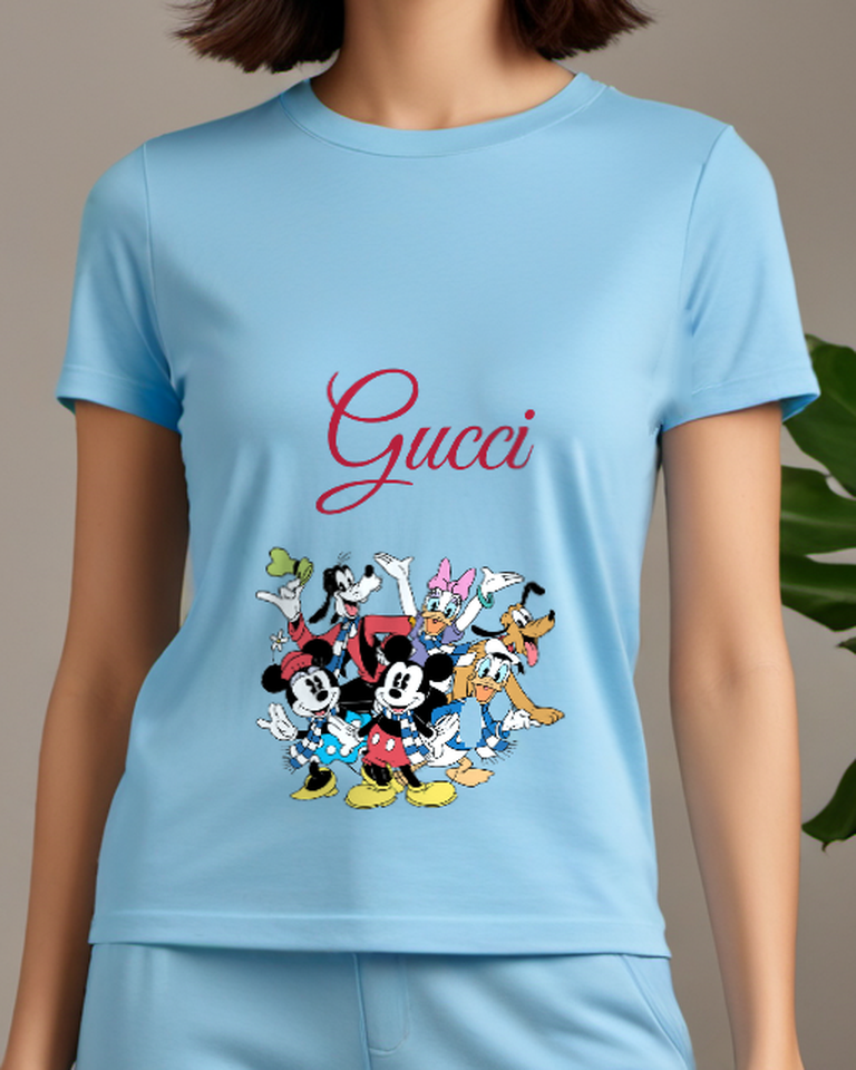 Sky Blue Mickey And Minnie Wearing Scarves Graphic T-Shirt - model wearing view