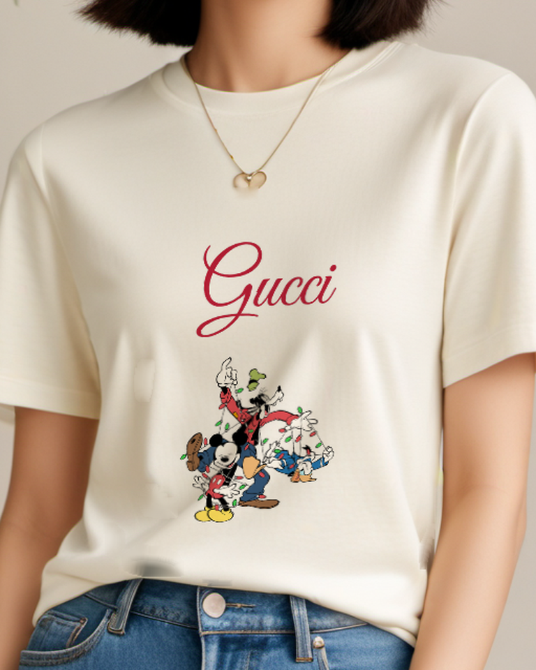 Ivory Mickey Goofy Donald Tangled In Lights Graphic T-Shirt - model wearing view