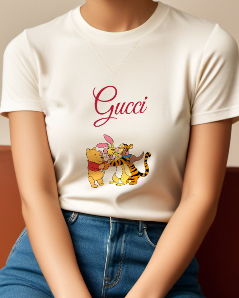 Ivory Pooh Piglet Rabbit Tigger And Roo In A Group Hug Graphic T-Shirt - model wearing view
