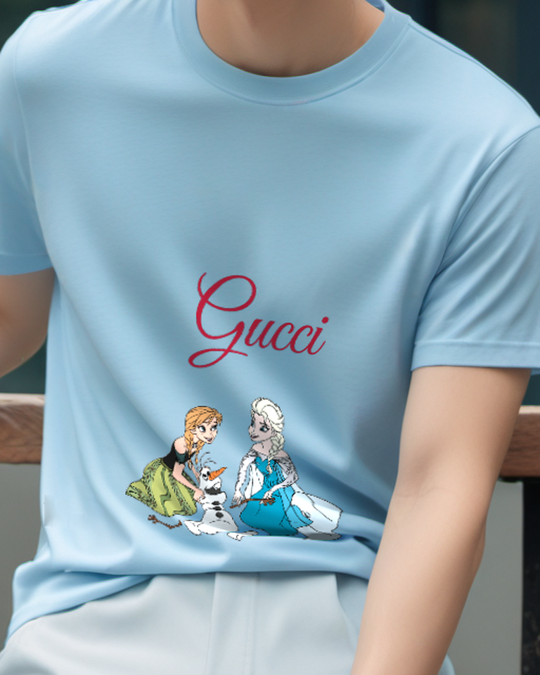 Sky Blue Anna And Elsa Building Snowman Graphic T-Shirt - model wearing view