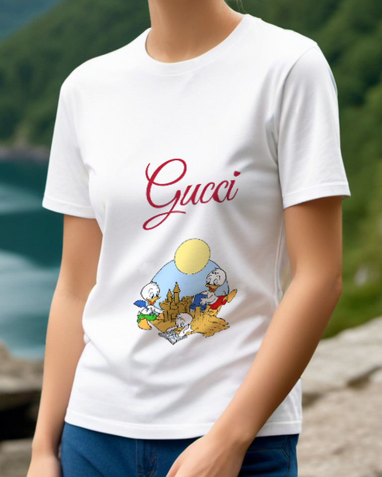 White Three Ducklings Build Sandcastle Graphic T-Shirt - model wearing view