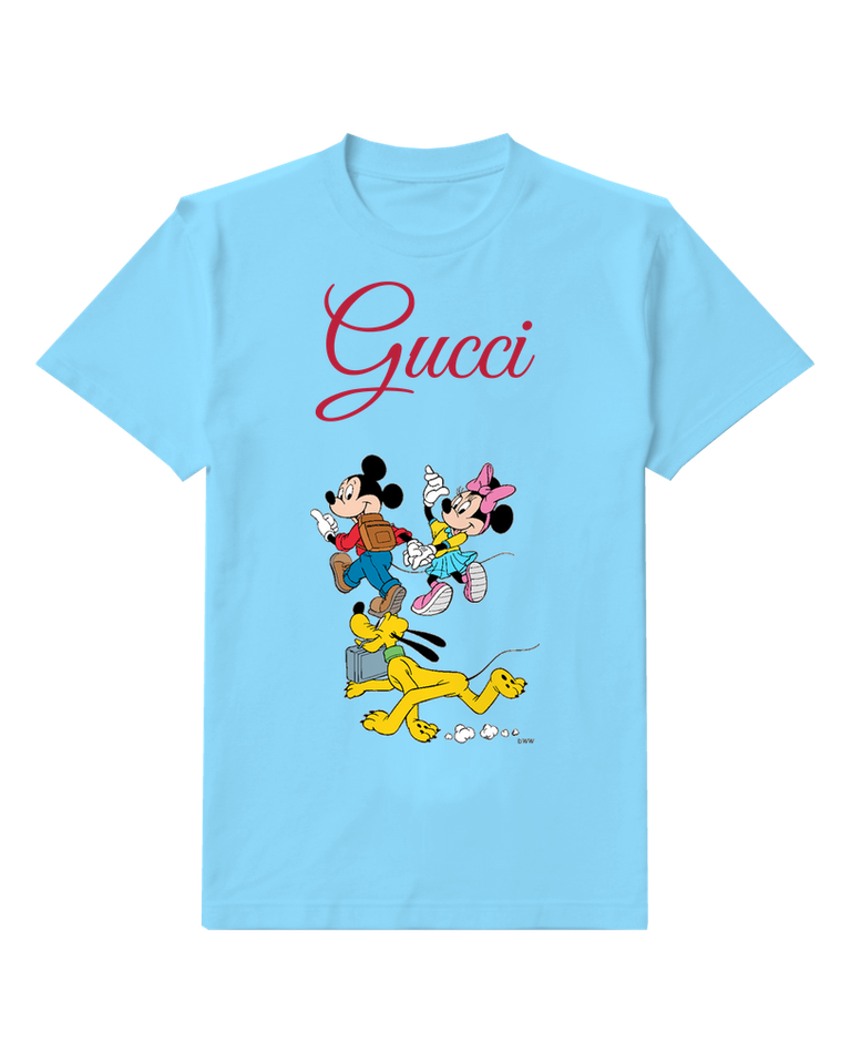 Sky Blue Mickey And Minnie Running Together Graphic T-Shirt - front product view