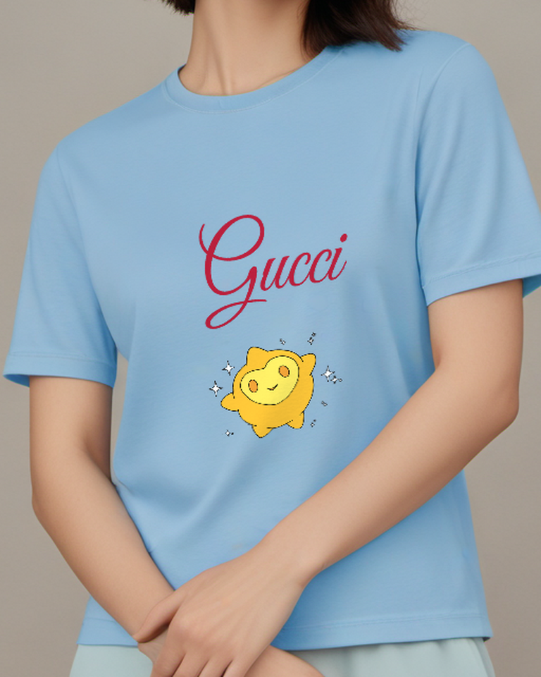 Sky Blue Smiling Golden Sun Sparkles Graphic T-Shirt - model wearing view