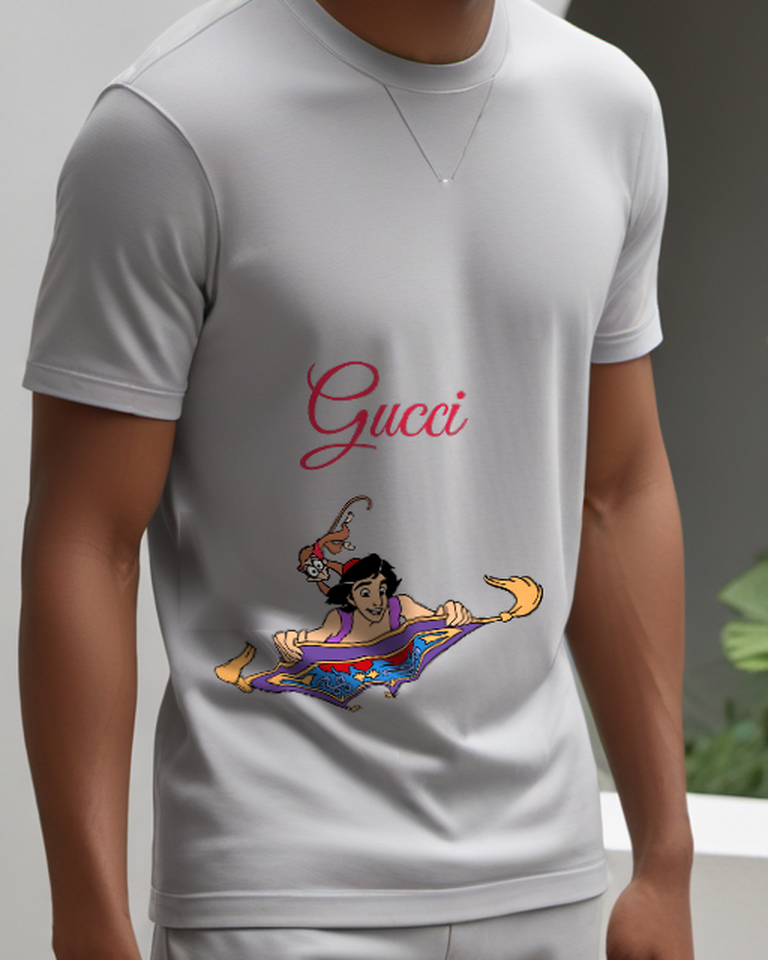 Gray Aladdin Rides Carpet With Monkey Above Graphic T-Shirt - model wearing view