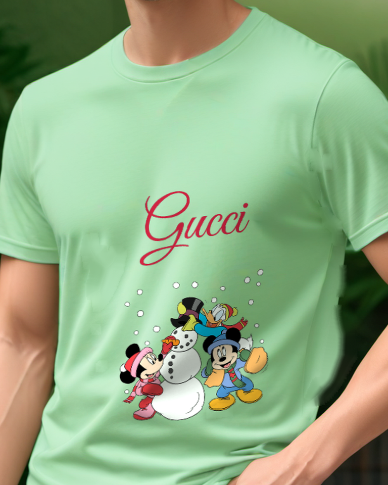 Sage Green Mickey Minnie And Donald Building Snowman Graphic T-Shirt - model wearing view