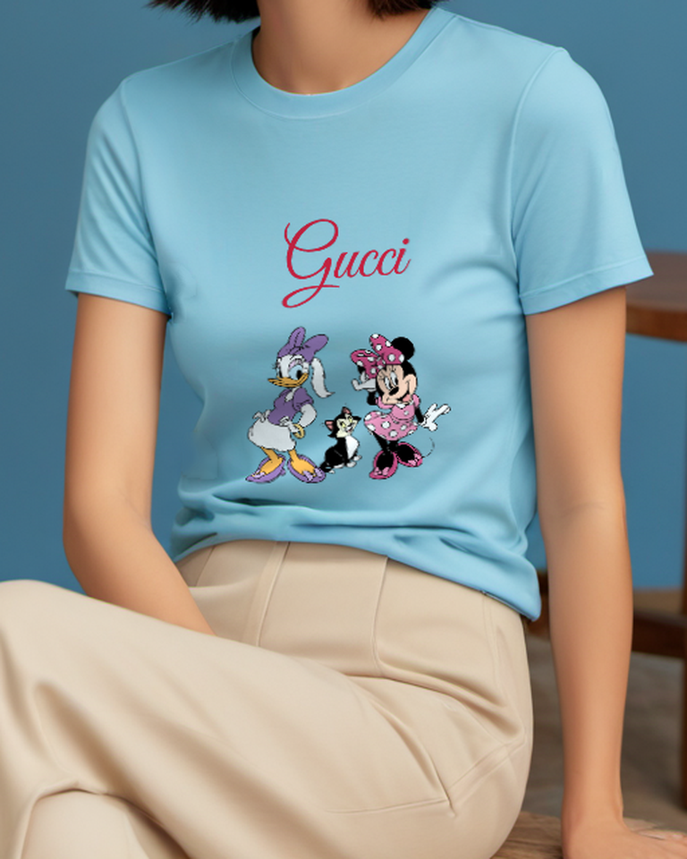 Sky Blue Minnie Mouse Daisy Duck And Figaro Graphic T-Shirt - model wearing view